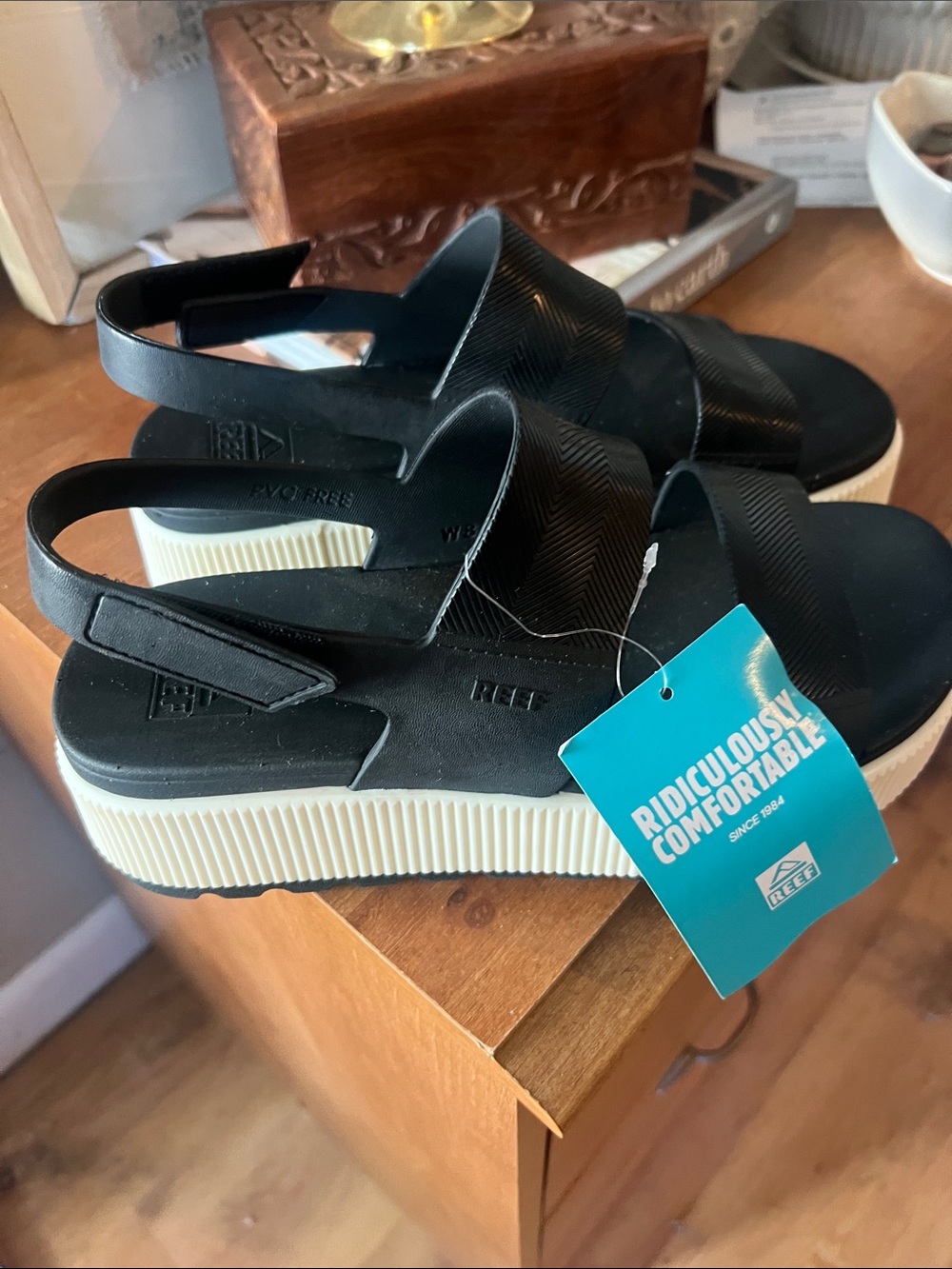 Reef Black and Cream Platform Slingback Sandals
